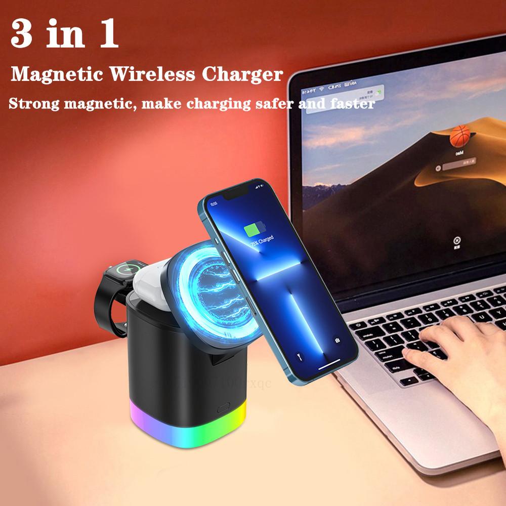 Bộ sạc không dây từ tính 3 trong 1 cho iPhone 14 13 12 Pro Max có thể gập lại trạm sạc nhanh có đèn RGB cho Apple Watch 8 7