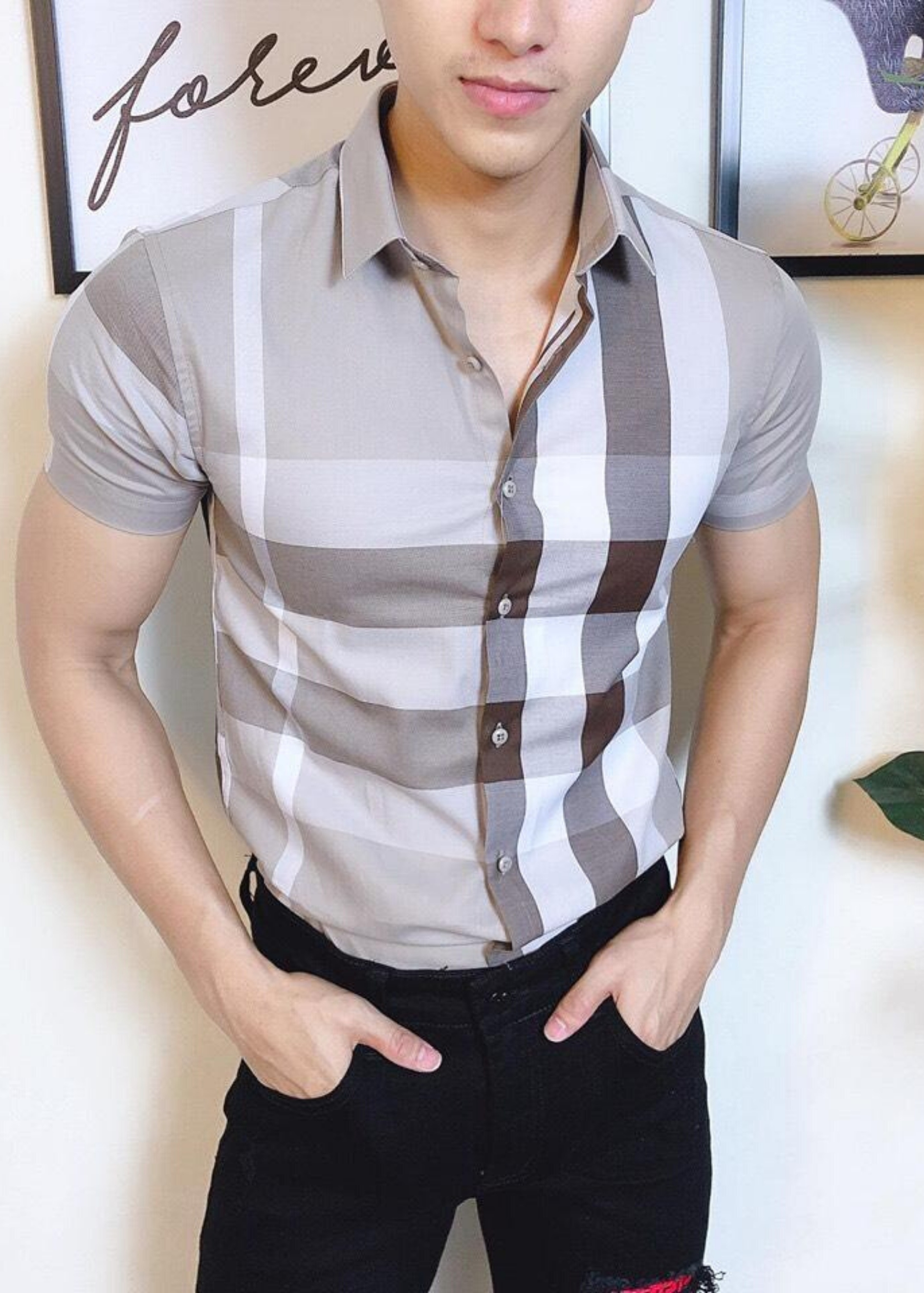 Áo sơ mi nam ngắn tay trà sữa