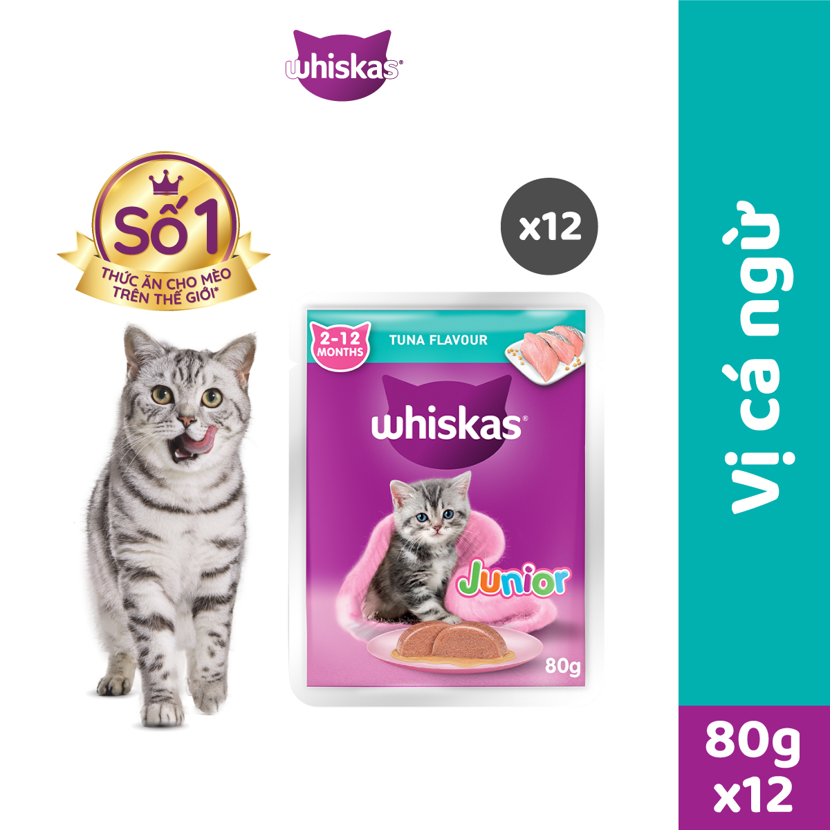 Bộ 12 túi thức ăn mèo con Whiskas vị cá ngừ 80g