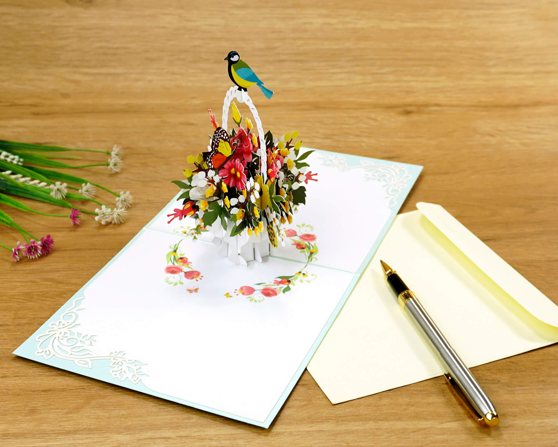 Thiệp 3D Pop Up Giỏ Hoa &amp; Chim – Thiệp Hoa Chúc Mừng, Sinh Nhật, Tri Ân, Độc Đáo, F18