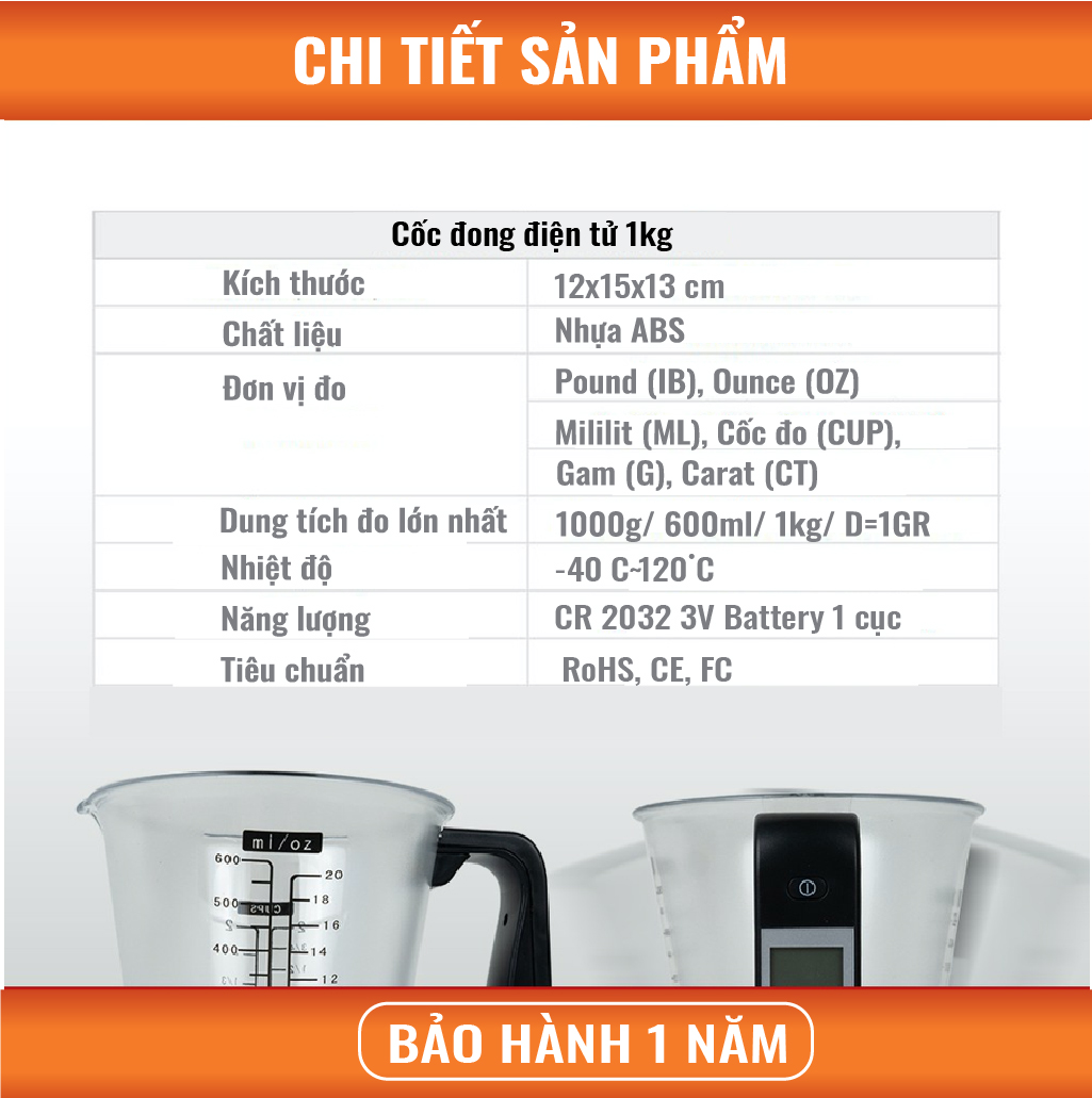 Cốc Đong (Đo) Điện Tử Model DMC - Dụng Cụ Tiện Lợi Khi Nấu Ăn, Làm Bánh, Sử Dụng Đơn Giản. Nhập Khẩu Chính Hãng Thái Lan