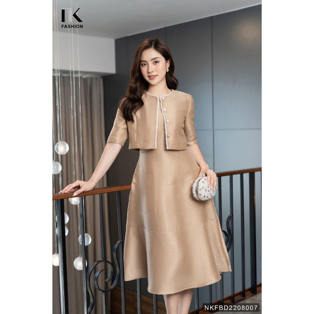 Set Đầm Tafta Xòe Kèm Áo Khoác Lửng Phối Cúc Ngọc Nữ Tính Thanh Lịch NK Fashion Phù Hợp Đi Làm Đi Tiệc NKBD2208001