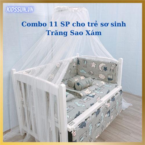 Giường Cũi - Nôi Cũi  Cho Bé Từ Sơ Sinh Đến 5 Tuổi - Chất Liệu Gỗ Quế Màu Trắng – Combo đầy đủ 11 sản phẩm cho trẻ sơ sinh Kích thước 70 x 110 x 86cm ( R x D x C )