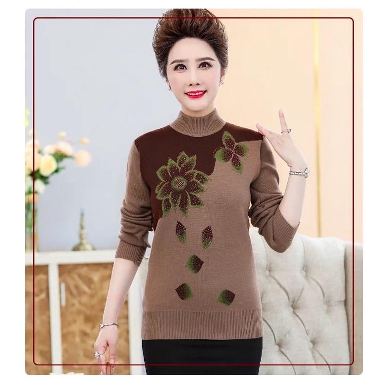 Áo len trung niên cổ cao phối họa tiết hoa sen_áo ấm thu đông cho bà cho mẹ
