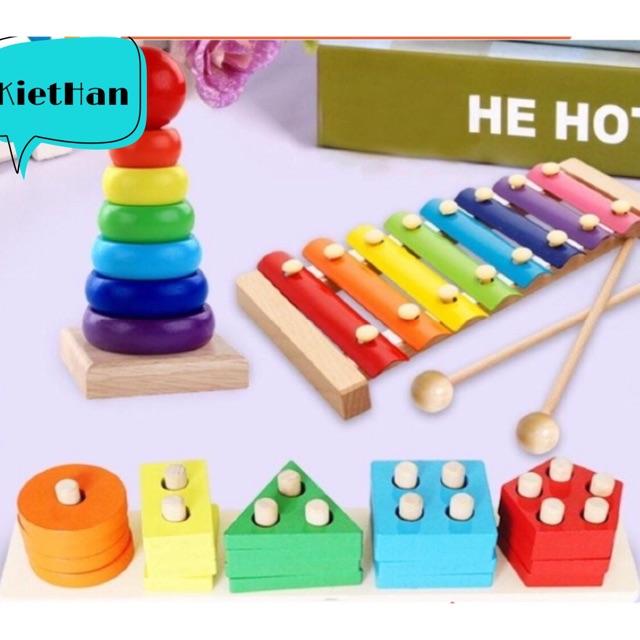 Combo Đồ Chơi Gỗ Giá Rẻ 3 món: Tháp gỗ-Thả hình chữ nhật - Đàn Gỗ 8 Thanh