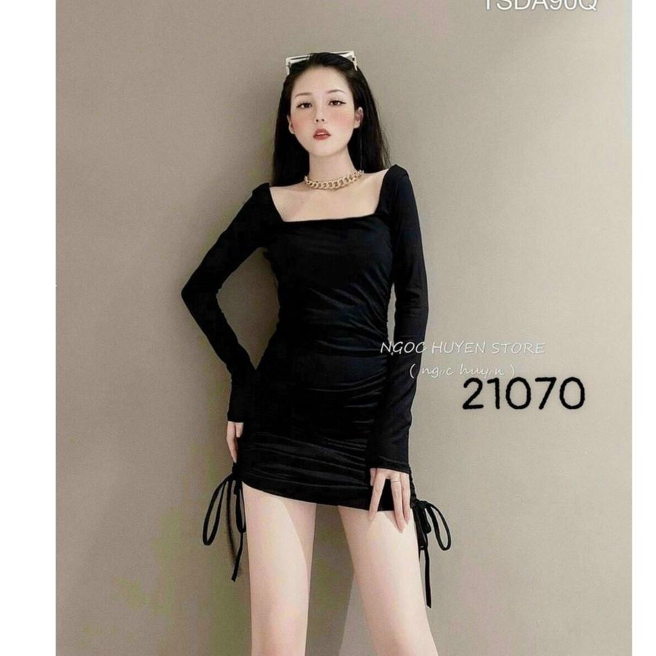 Đầm body cổ vuông tay dài rút dây hông