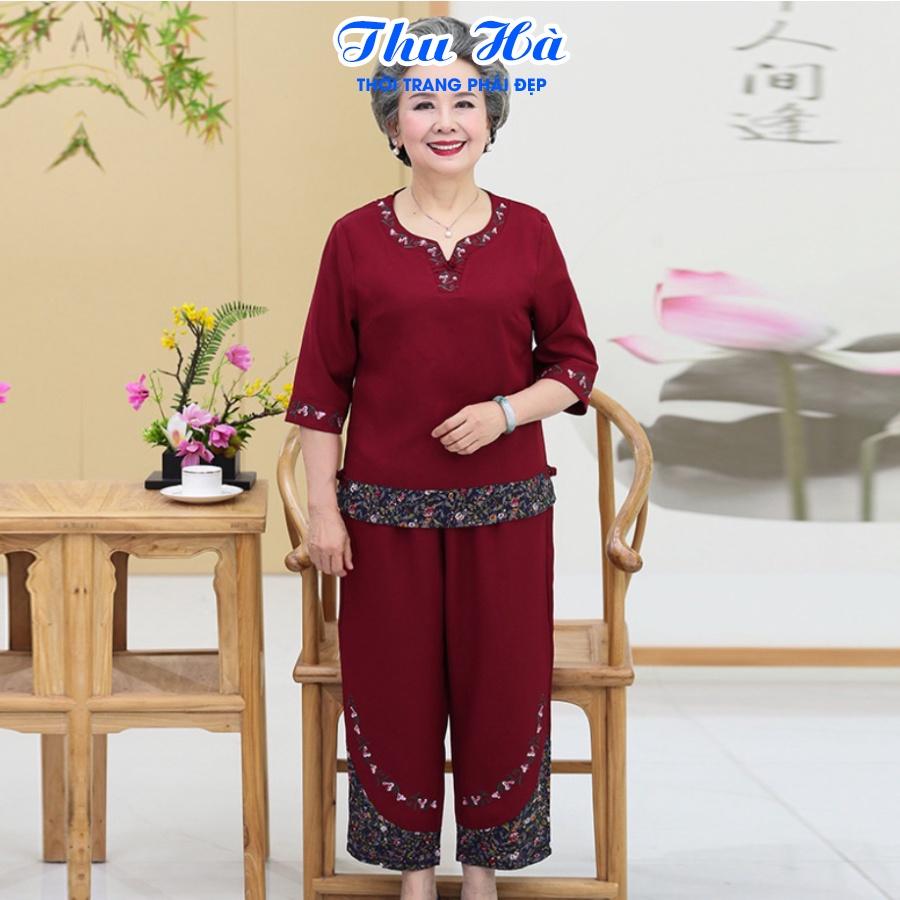 Đồ bộ mặc nhà tay lỡ cho mẹ quần áo trung niên Thu Hà họa tiết thêu hoa chất liệu cotton co giãn form thoải mái ĐBH.21