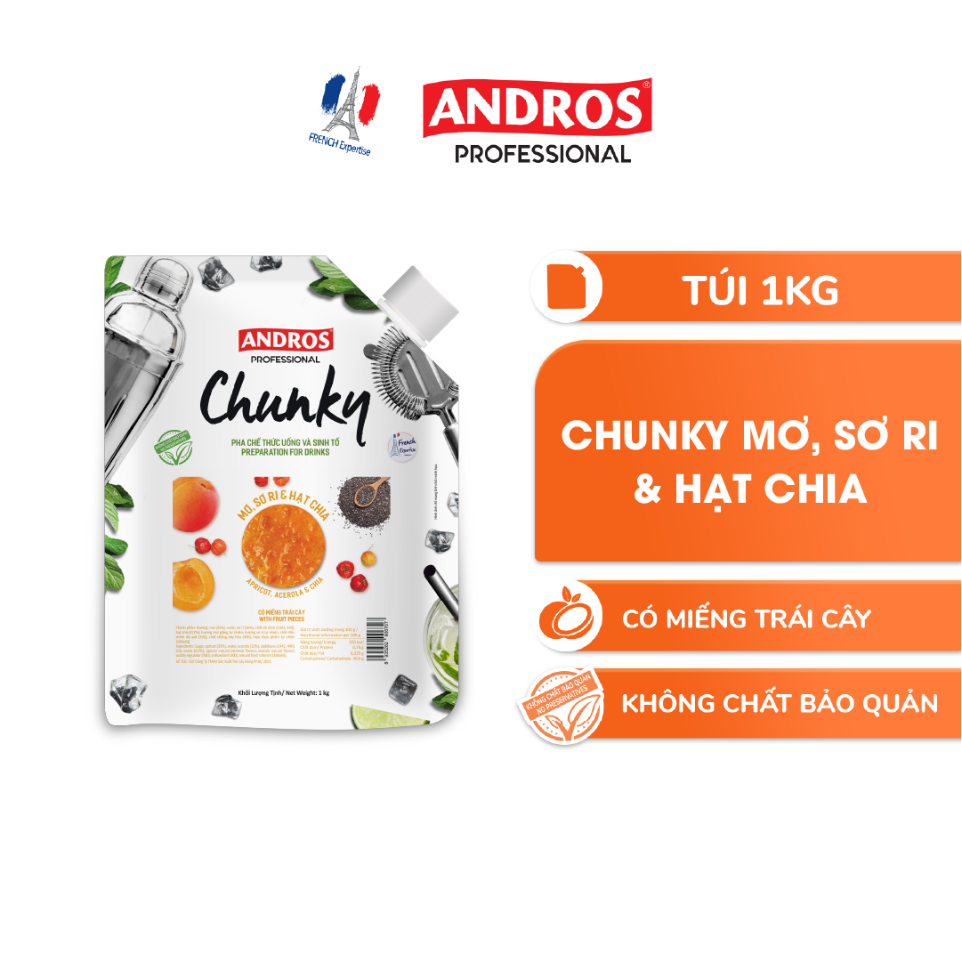 ANDROS - CHUNKY Mơ, Sơ ri &amp; Hạt Chia - Nguyên liệu pha chế - Mứt trái cây - Túi 1kg