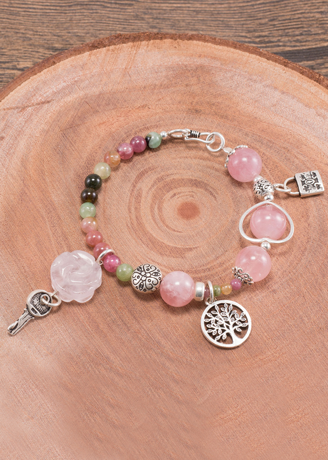 Vòng tay đá Tourmaline phối thạch anh hồng charm khóa Ngọc Quý Gemstones