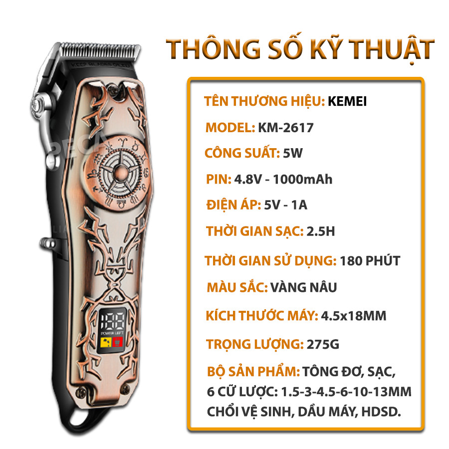 Tông đơ cắt tóc chuyên nghiệp KEMEI KM-2617 màn hình LCD theo dõi pin tiện lợi công suất mạnh mẽ 5W vỏ thép hoa văn cá tinh barber shop, tiệm tóc, salon tóc