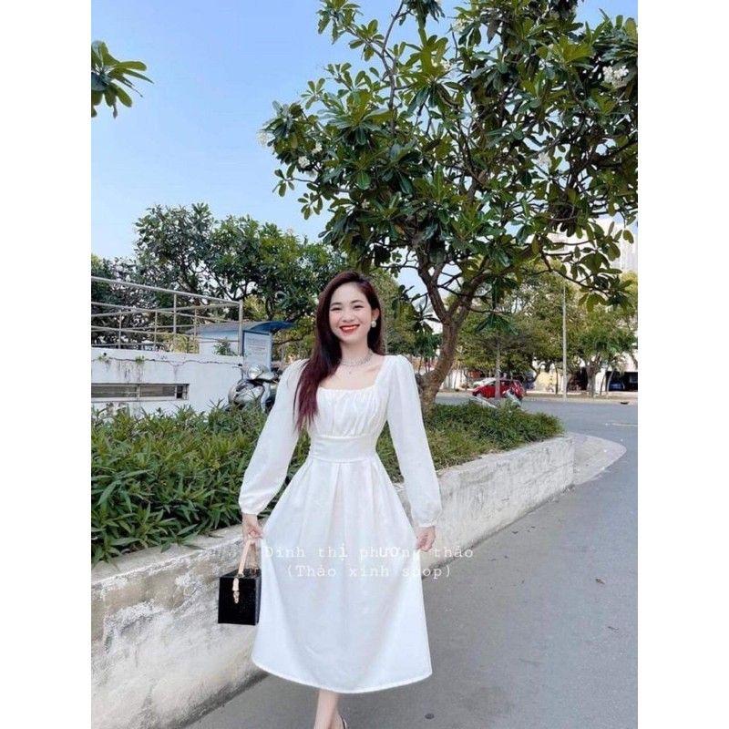 Đầm Nữ Cổ Vuông Nơ Lưng Váy Trắng Dài Tay Q057