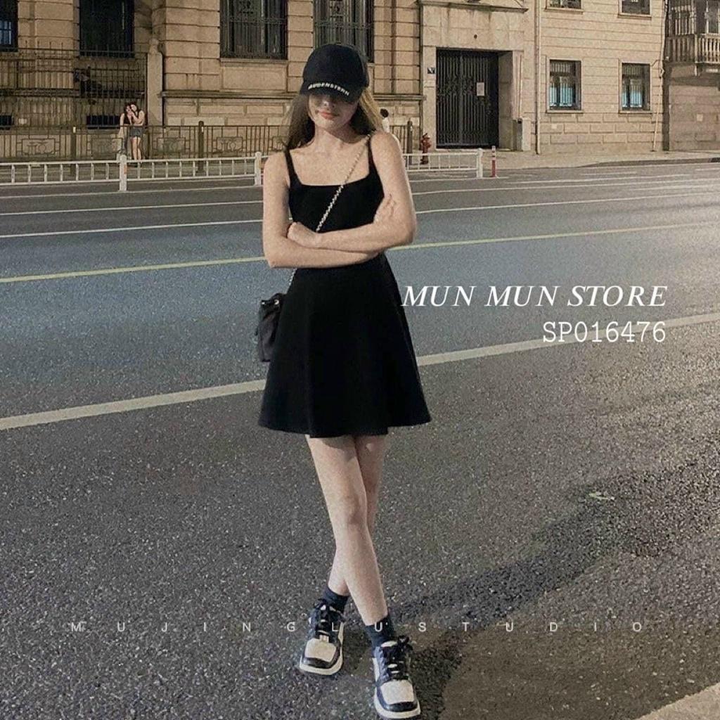 Đầm ngắn xòe đen 2 dây basic ôm body tôn dáng