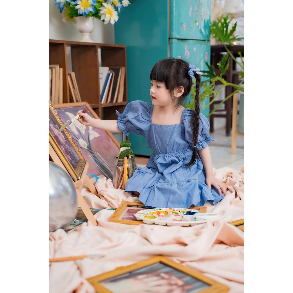 Váy đầm tay bo babydoll mầu xanh đậm cho bé gái Sora Chan - M005
