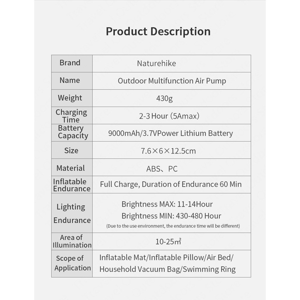 Đồ cắm trại Máy bơm hơi kiêm sạc dự phòng Naturehike NH18Q001-A du lịch dã ngoại đa năng nhiều đầu bơm kiêm đèn A122