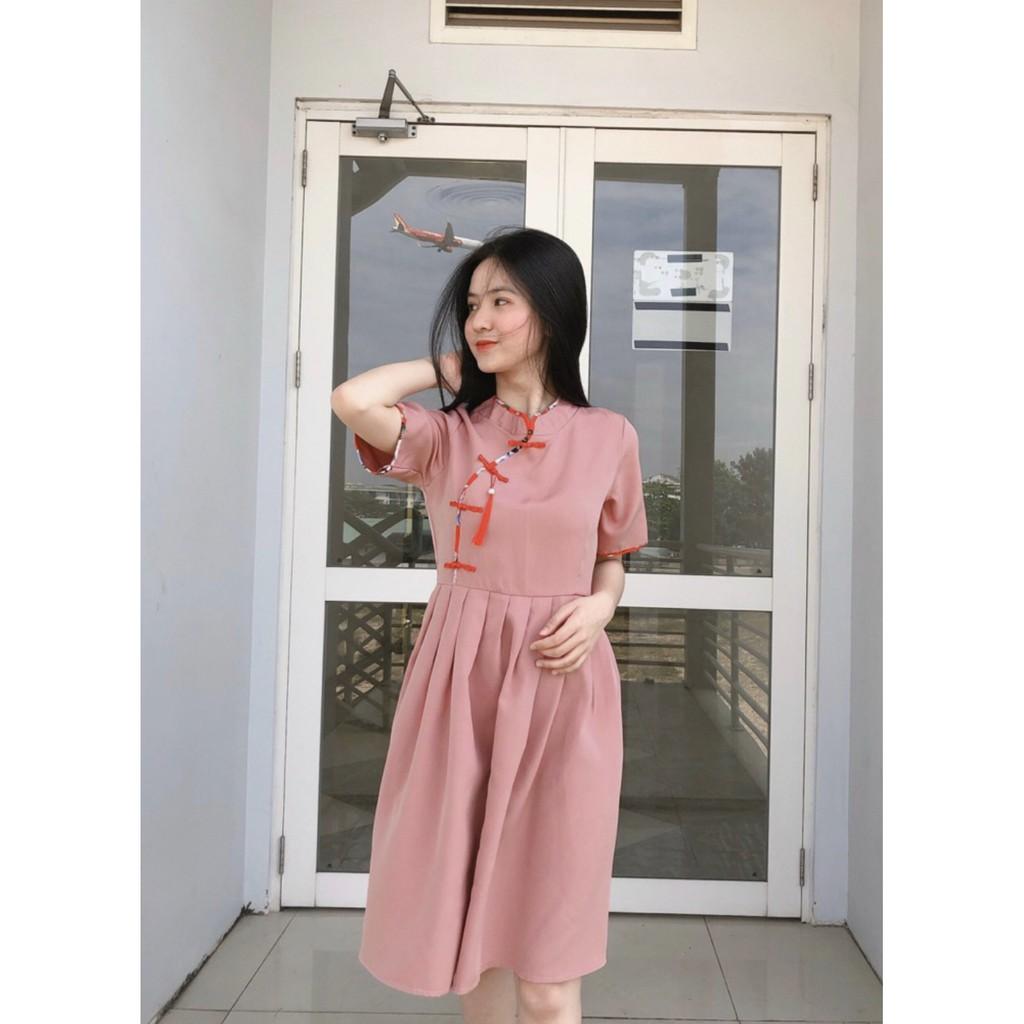 ĐẦM ĐŨI MỊN HANBOK NÚT TÀU CHÉO ĐỎ HỒNG NGÀY TẾT