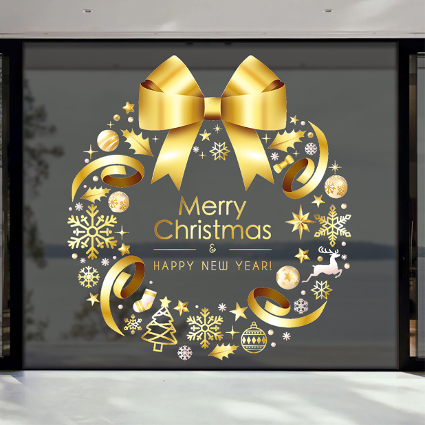 Decal trang trí Noel hít tĩnh điện - Vòng nguyệt quế nơ ánh vàng