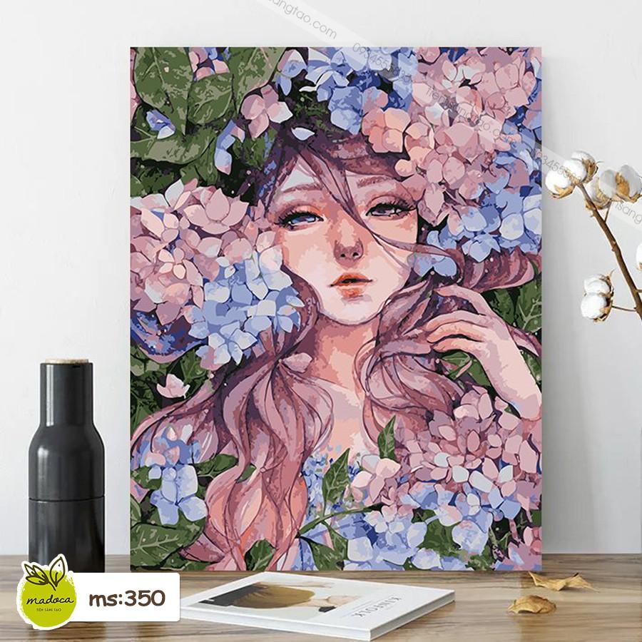 Tranh tô màu 40x50cm có khung nàng thơ cẩm tú cầu T350