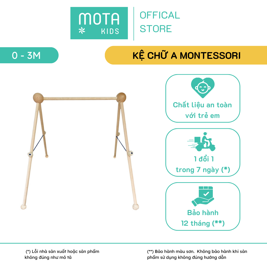 Kệ chữ A gỗ sồi cao cấp cho bé từ 0-3 tháng Montessori Mota hỗ trợ treo đồ chơi - Làm điểm tựa tập ngồi -Hàng chính hãng
