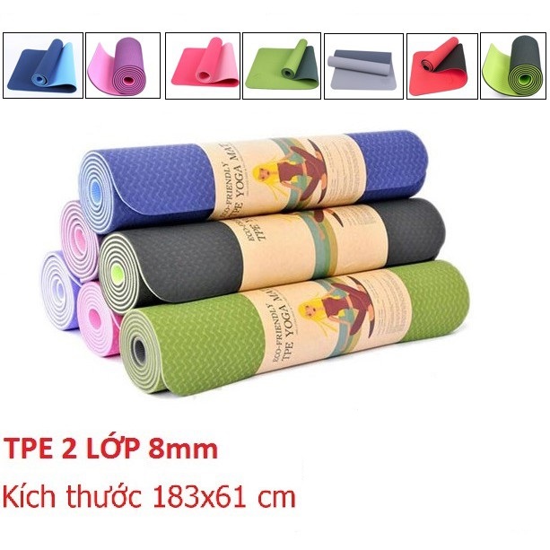 THẢM TẬP YOGA CHUYÊN NGHIÊP 2 MẶT CHẤT LIỆU 100% CAO SU THIÊN NHIÊN TPE 8MM ĐÀN HỒI TỐT, NHIỀU MÀU PHÙ HỢP CHO CẢ NAM VÀ NỮ, VỚI KHẢ NĂNG CHỐNG THẤM NƯỚC TỐT, CHỐNG TRƠN TRƯỢT