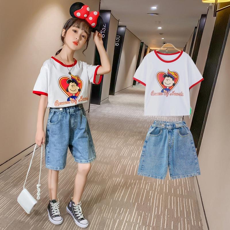 BV50 Size110-160 (12-45kg) Set bộ bé gái (áo thun+quần jean đùi ngố) Thời trang trẻ Em hàng quảng châu
