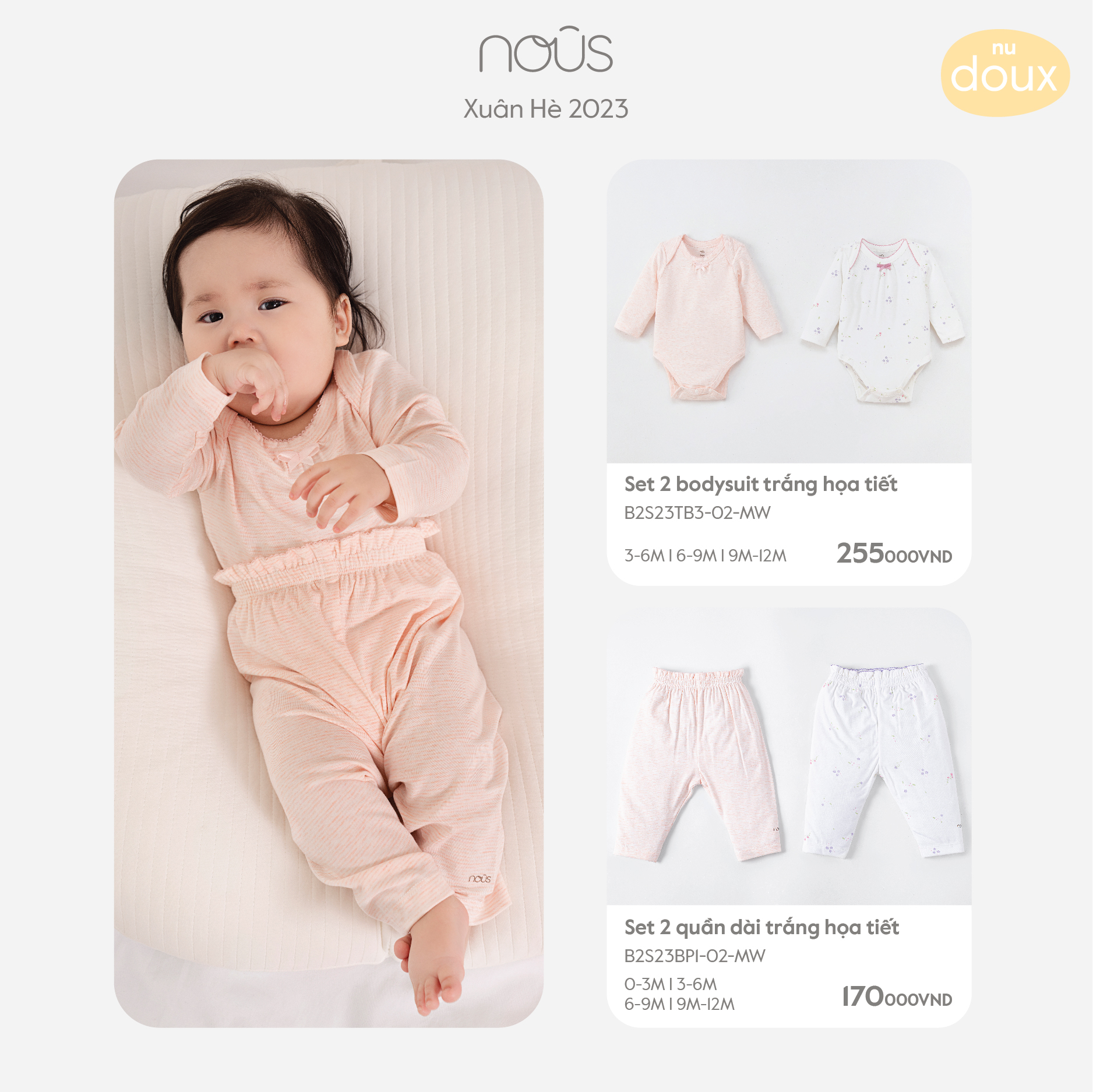 Set 2 bộ bodysuit Nous mix các màu và set 2 quần dài mix màu chất liệu Nu Doux thấm hút