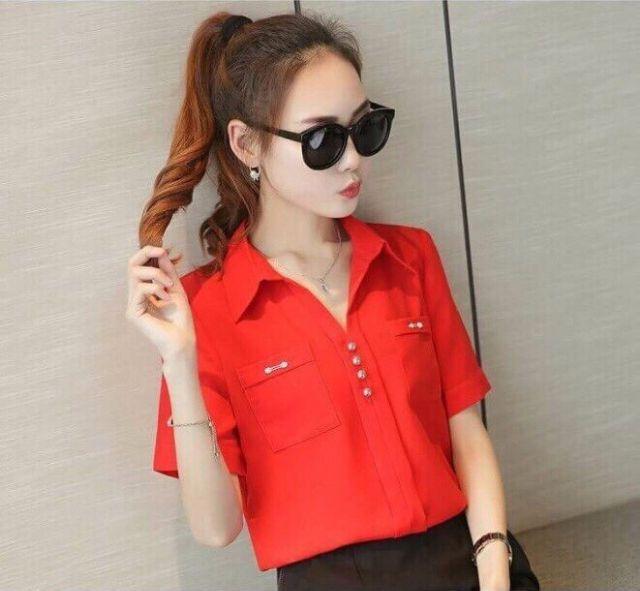 Áo sơ mi đỏ tay con phối 2 túi trước