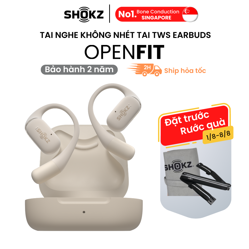 Tai nghe không nhét tai Bluetooth True Wireless Earbuds Shokz OpenFit - Màu Be - Thế Hệ Mới Nhất - Hàng Chính Hãng