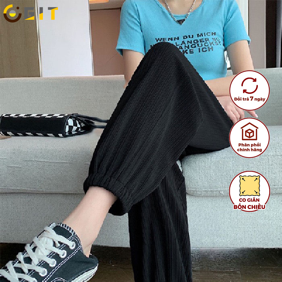 Quần Nữ Bo Gấu Thể Thao DVGIT Trơn Chất Liệu Tăm Gân Màu Đen Thiết Kế Form Dáng Quần Ống Rộng Cạp Cao