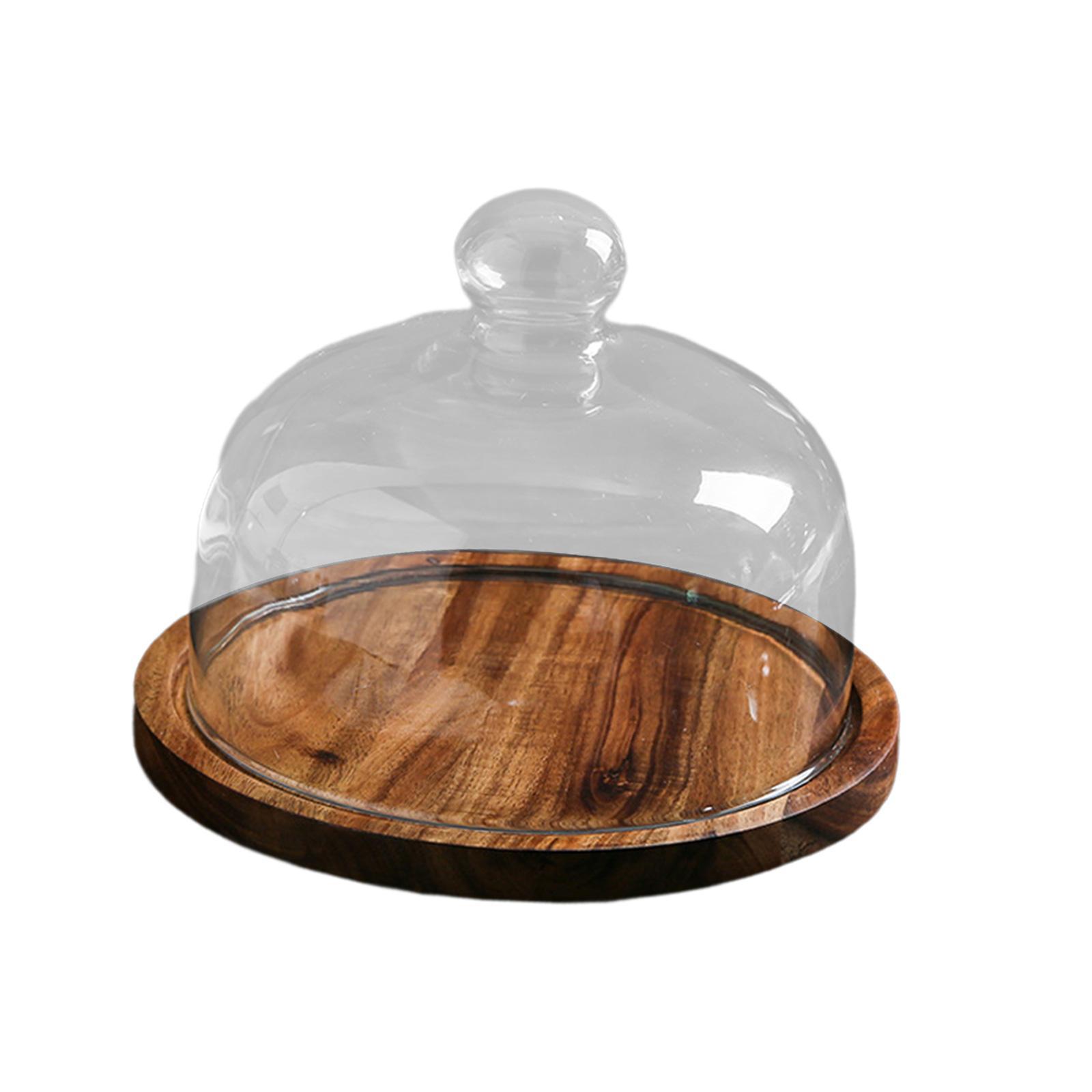 Glass Cover Serving Tray with Glass Cover Wooden Cake Stand for Kitchen