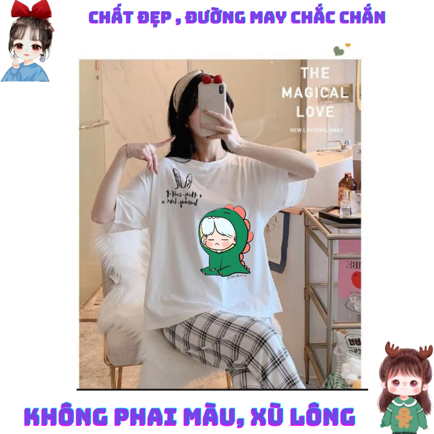 Sét Bộ Nữ SS20, Sét Đồ Nữ Đi Chơi Đẹp In Cô Gái Khủng Long Xanh, Sét Áo Vải Cotton, Và Quần Kẻ Màu Cá Tính