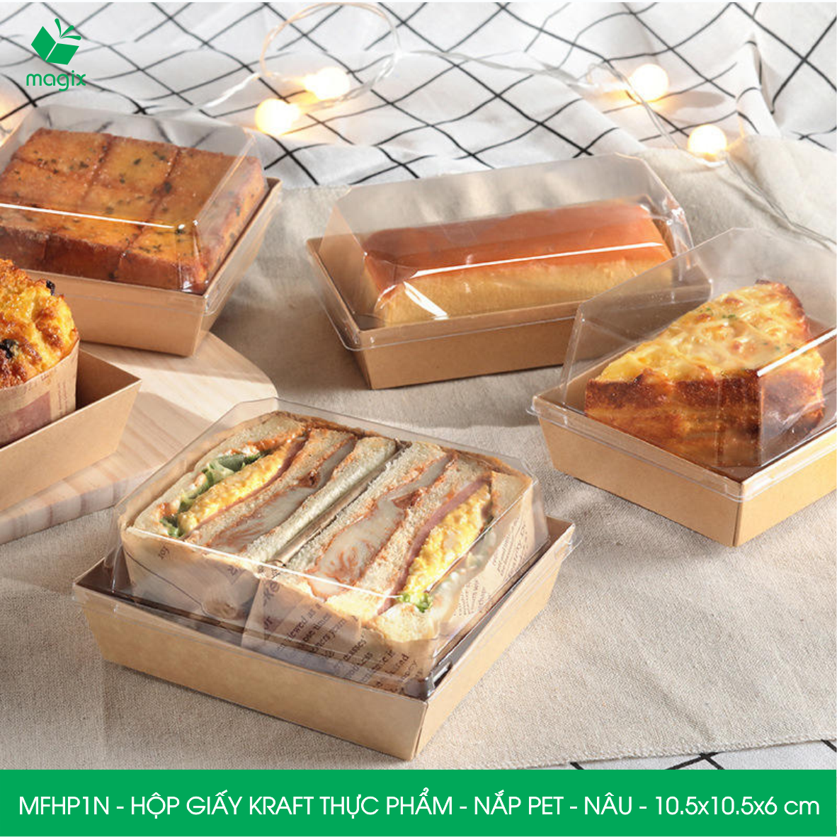 Combo 25 hộp giấy thực phẩm nắp Pet, hộp giấy đựng thức ăn, hộp bánh nắp trong