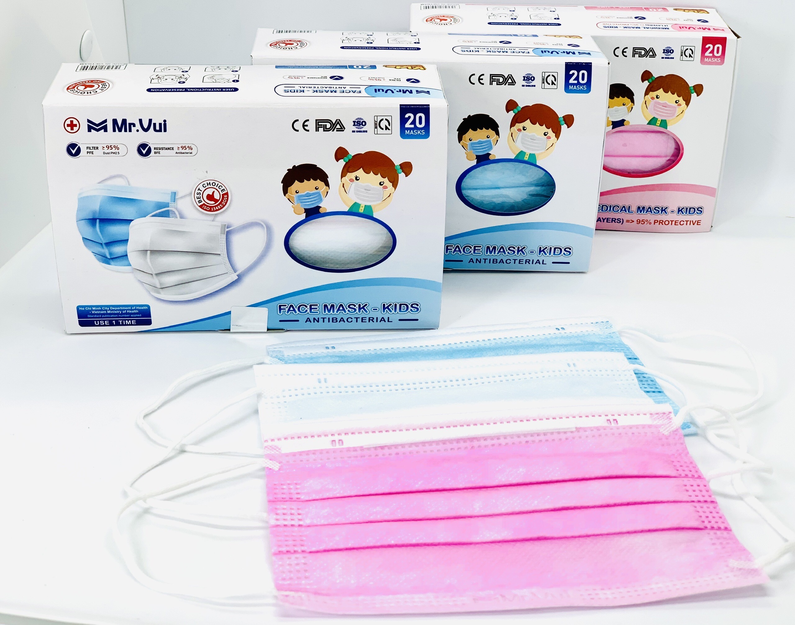 KHẨU TRANG Y TẾ 4 LỚP CHO TRẺ EM Mr.VUI - VẢI KHÔNG DỆT KHÁNG KHUẨN – HỘP 20 CÁI – MÀU HỒNG