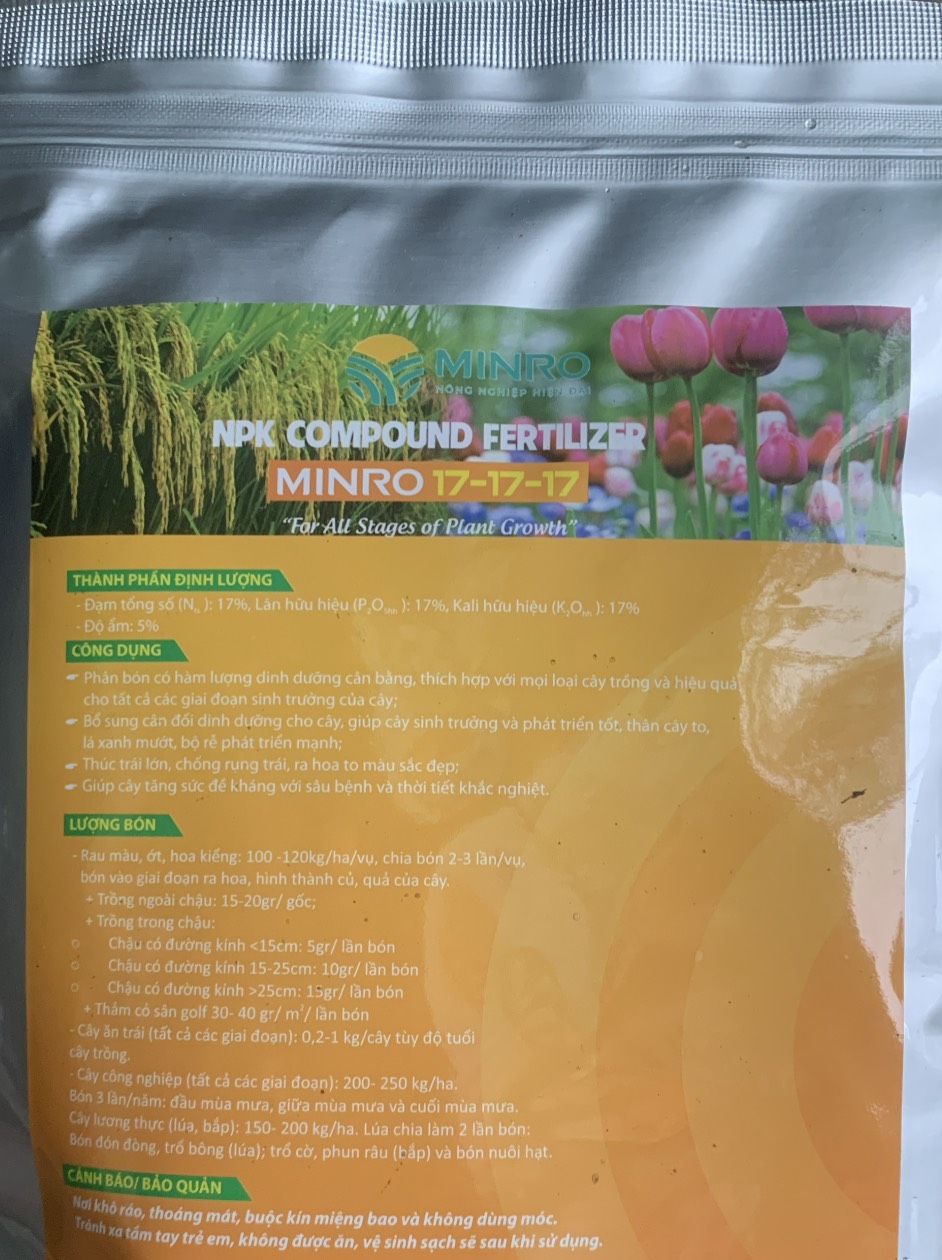 Phân bón NPK cao cấp MINRO 17-17-17+Te chuyên hoa mai cây kiểng rau màu gói 1kg