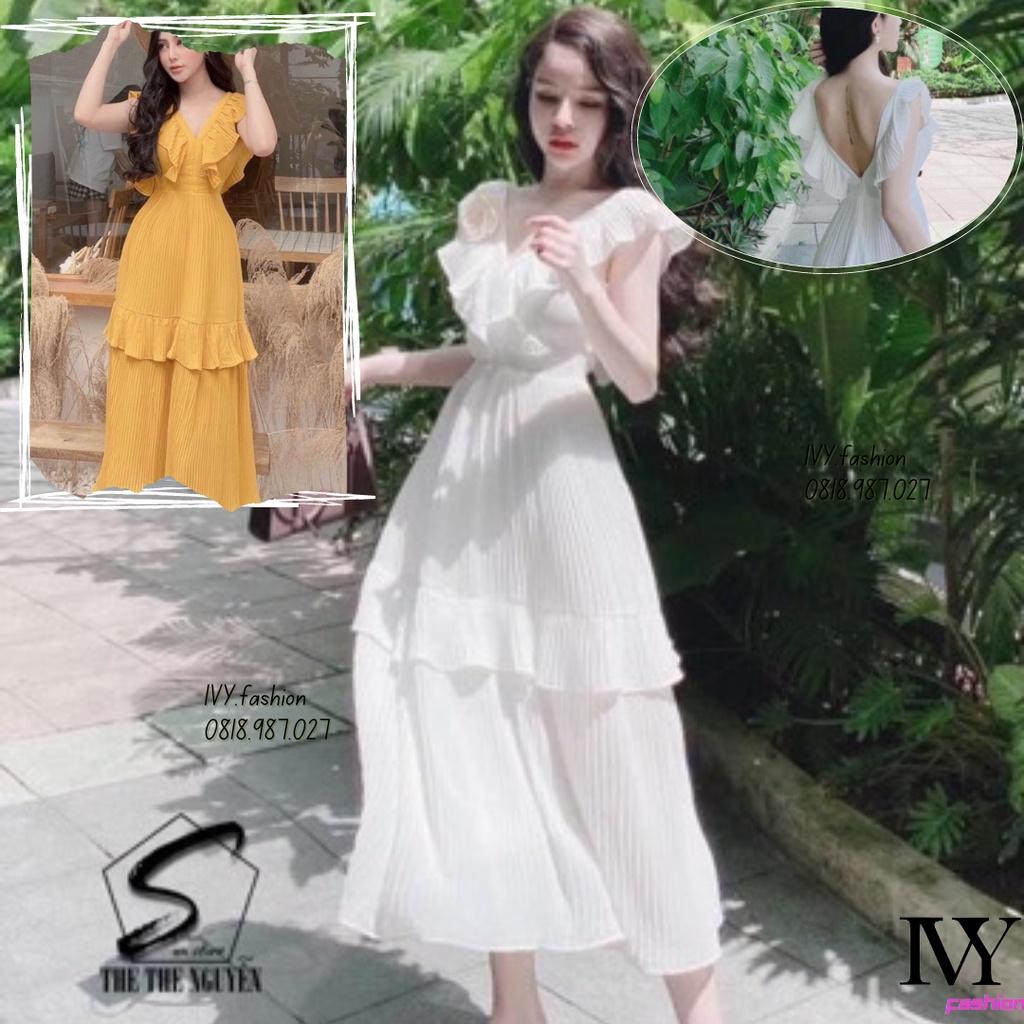 Mua Đầm váy Maxi voan dập ly Vàng Trắng Vintage cổ V tay bèo 2 tầng đi ...