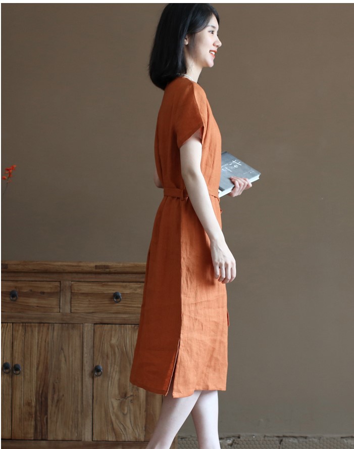 Đầm linen suông cổ tim ngắn kèm dây thắt eo phong cách nữ nhẹ nhàng thach lịch, mẫu mới Đũi Việt 2023 DV193