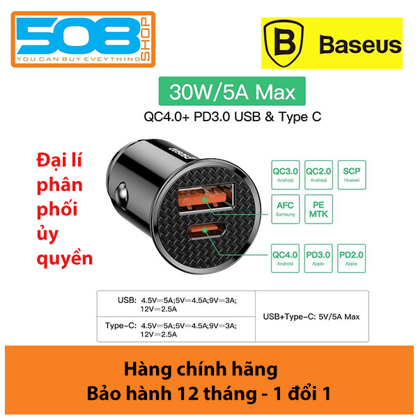 Tẩu sạc nhanh đa năng cổng usb và type C dùng trên ô tô Baseus CCALL-AS01 Công suất 30W - hàng nhập khẩu