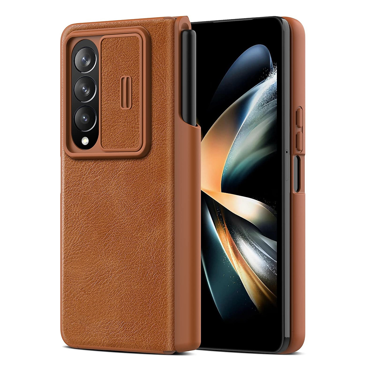 Case bao da chống sốc cho Samsung Galaxy Z Fold 4 trang bị nắp bảo vệ Camera và ngăn đựng S-Pen hiệu Nillkin Qin Pro - Hàng nhập khẩu