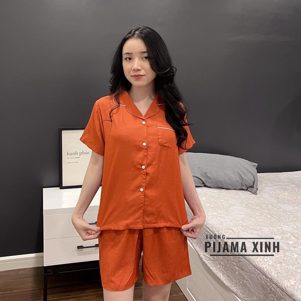 Đồ Ngủ - Bộ Pijama Cộc Quần Đùi Chất Liệu Đũi Màu Cam Cháy Siêu Hot