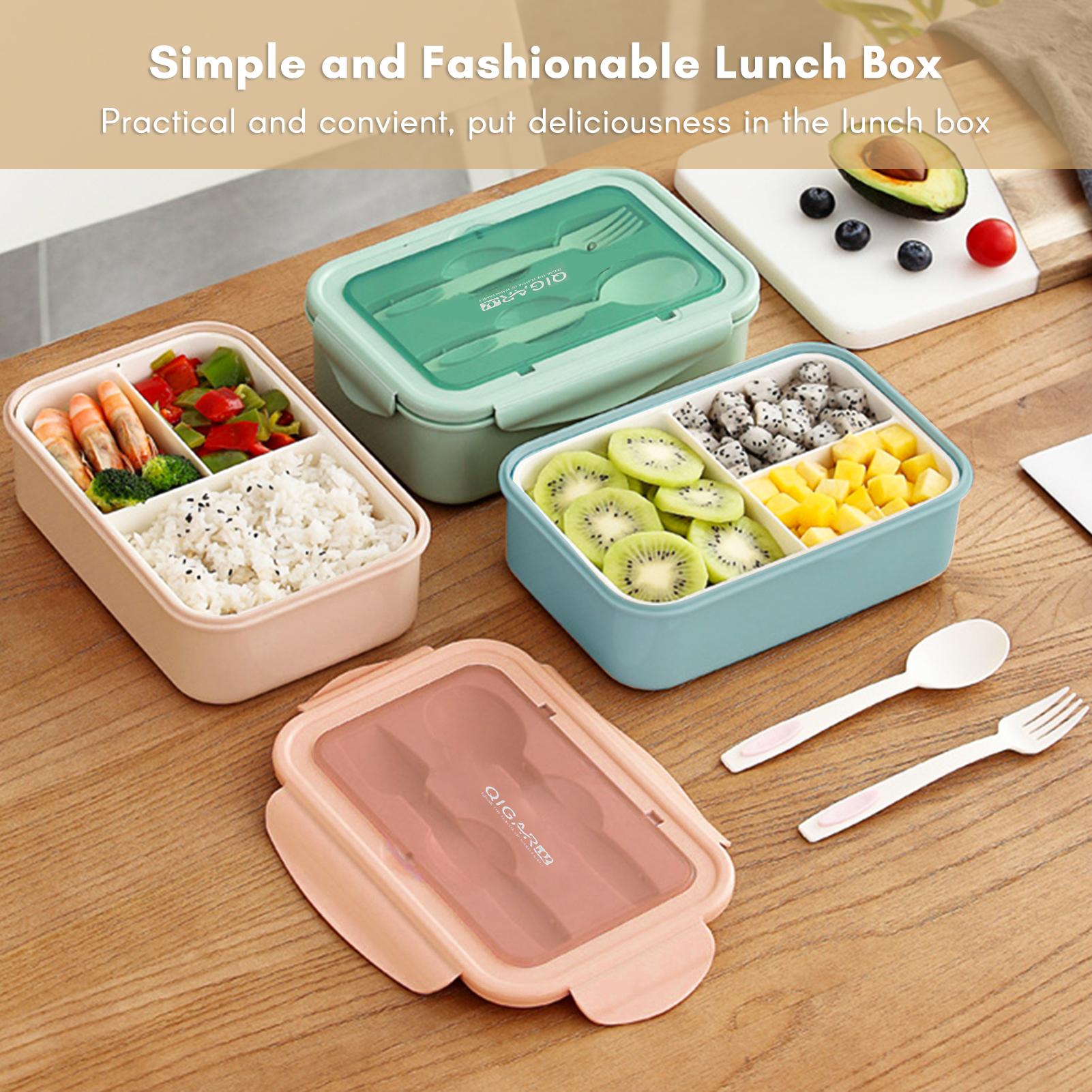 1400ml Plastic Lunch Box With Fork and Spoon 3 Compartment Single-layer Leakproof Reusable Crisper Sealed Bento Box