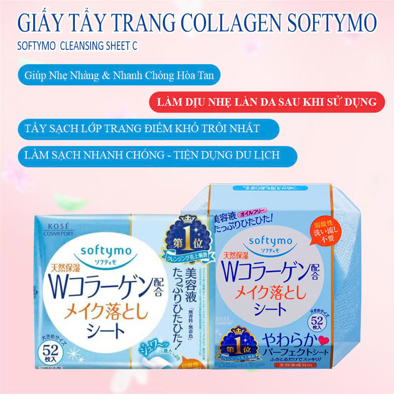 Khăn Giấy Tẩy Trang Dưỡng Ẩm Bổ Sung Collagen Kosé Softymo Cleansing Sheet C (52 miếng)