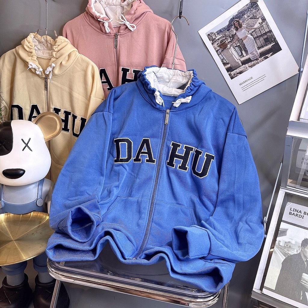 Áo Khoác Nỉ Bông DAHU Nón 2 Lớp Dây Kéo Form Rộng Basic Phong Cách Hàn Quốc Ulzzang XÙ