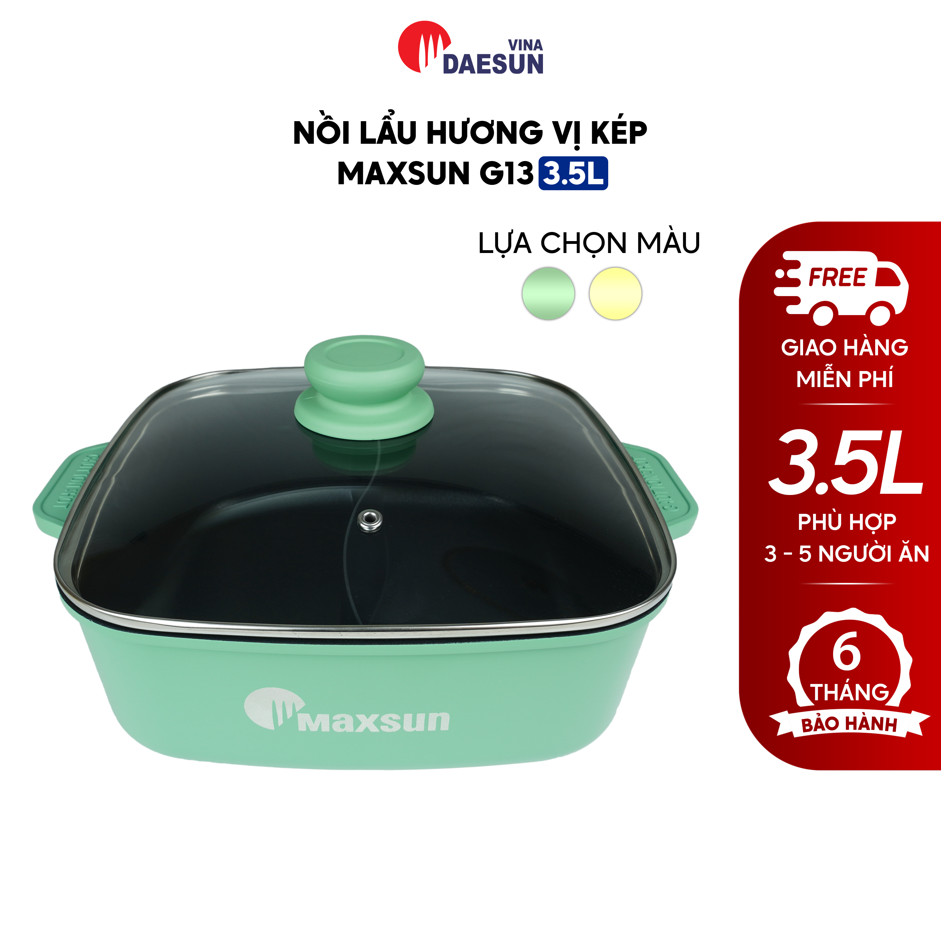 Nồi Lẩu Hương Vị Kép Maxsun G13 - Dung tích 3.5L | 2 Ngăn | Chống Dính 3 Lớp | Hàng Chính Hãng