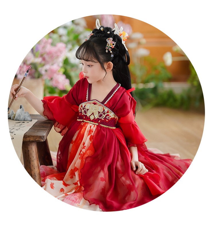 Đầm váy công chúa cổ trang hanfu thêu hoa cho bé gái diện lễ tết trung thu đẹp size 100-160kg hàng Quảng Châu
