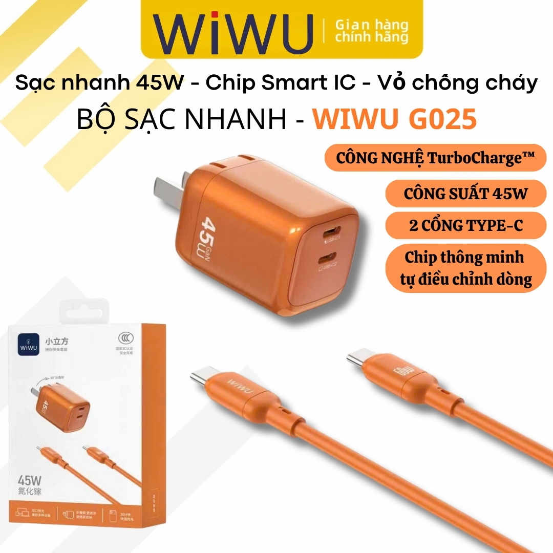 Bộ Adapter Củ Cóc Sạc Nhanh 45W USB-C WiWU TurboCharge + Dây C to Type C 60W  – Combo Củ &amp; Dây sạc Type-C Chip Smart IC An toàn,điều chỉnh dòng điện, Vỏ chống cháy - hàng nhập khẩu
