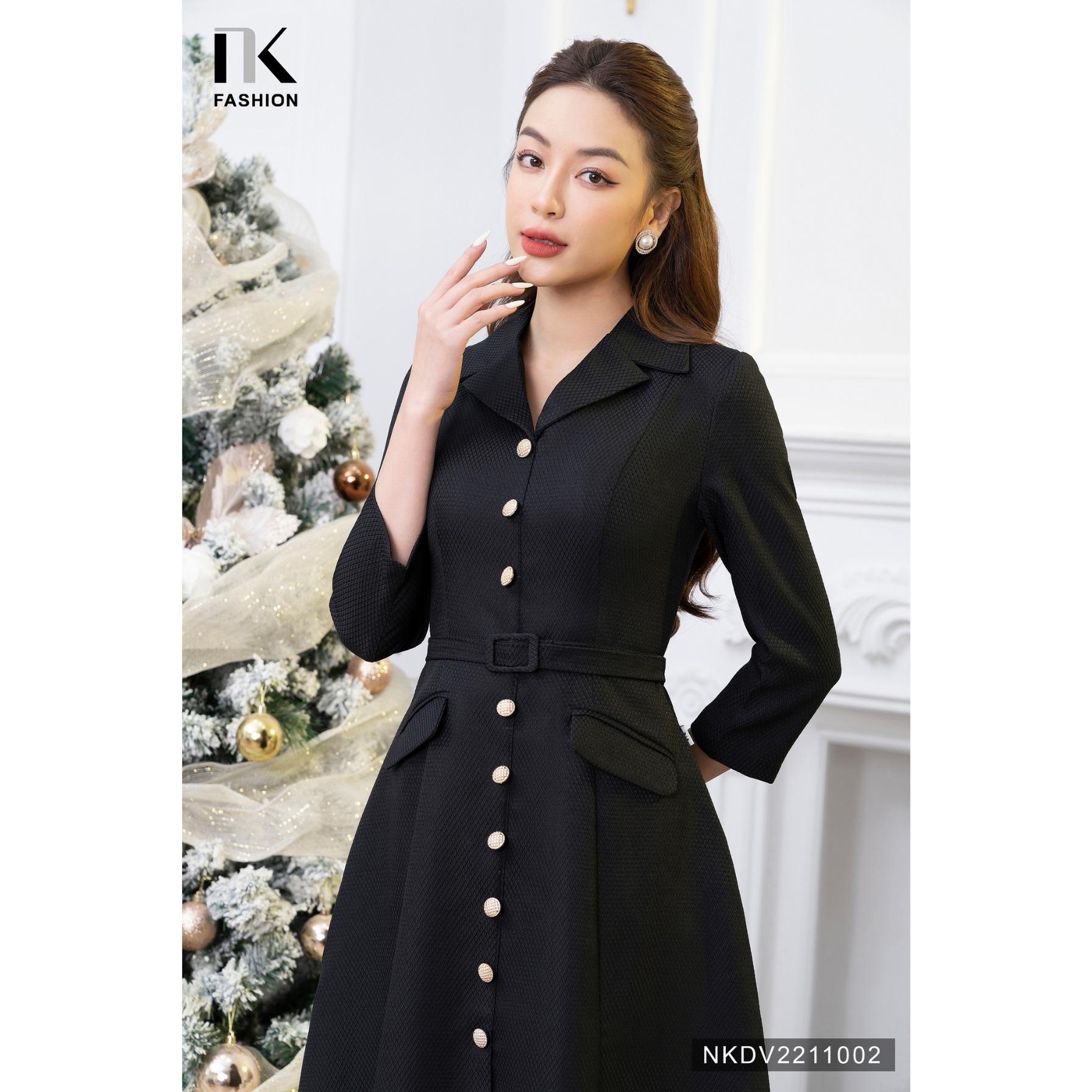 Đầm Xòe Cổ Sơ Mi NK FASHION Thiết Kế Đai Bọc 2 Nắp Túi Thanh Lịch Chất Liệu Cao Cấp Đứng Phom NKDV2211002