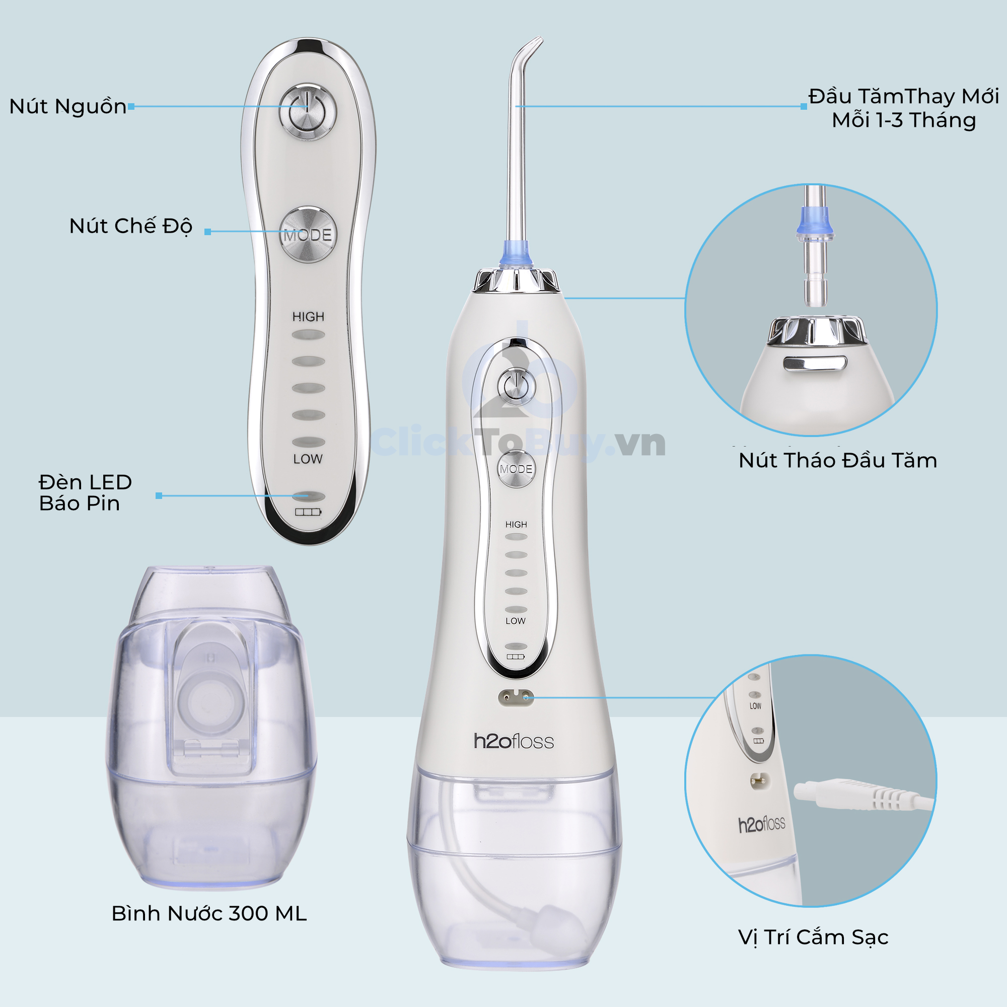 Tăm nước cầm tay H2ofloss HF-6. Tăm nước 5 chế độ, 5 đầu tăm đa chức năng, túi vải đựng máy, pin sử dụng tối đa 21 ngày, tặng kèm củ sạc nguồn thấp