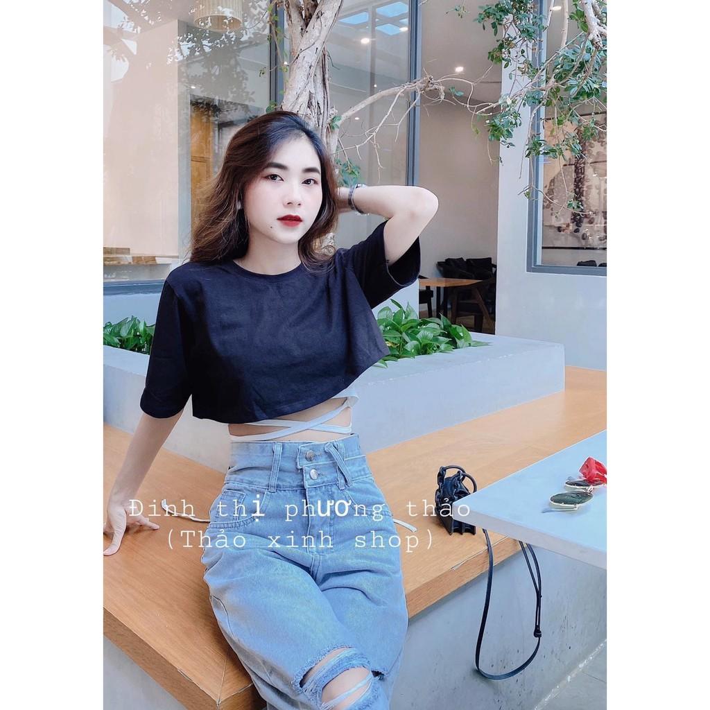 Quần baggy jean nữ lưng cao 2 nút ,đai chéo, thời trang mới tại thuydieushop96 j1