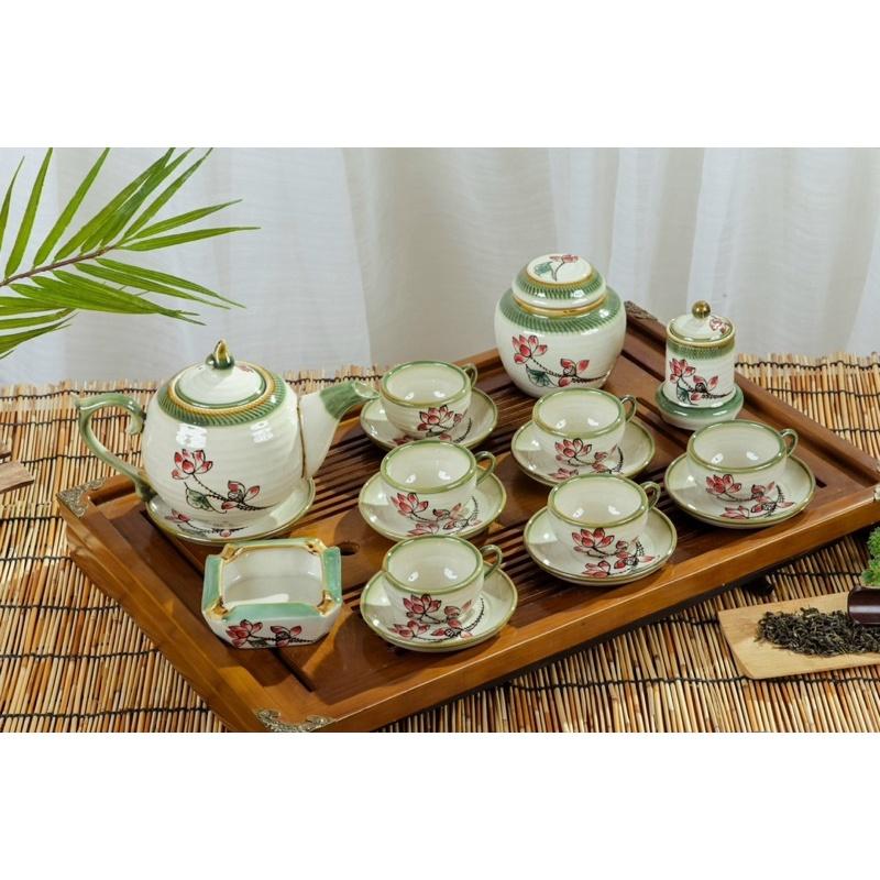 Bộ ấm trà+ phụ kiện, men dong. Gốm sứ Bát Tràng.