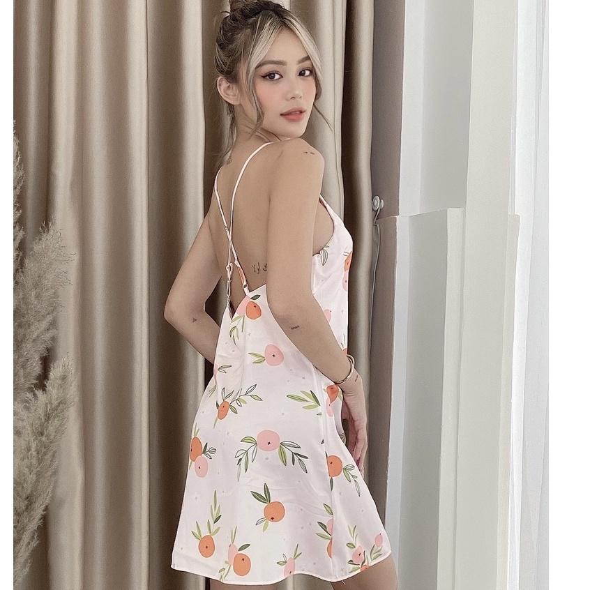 Đầm ngủ lụa hai dây đan lưng họa tiết