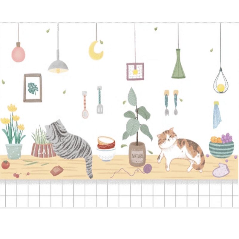 Decal dán bếp tráng nhôm mèo và không gian bếp khổ 60cm
